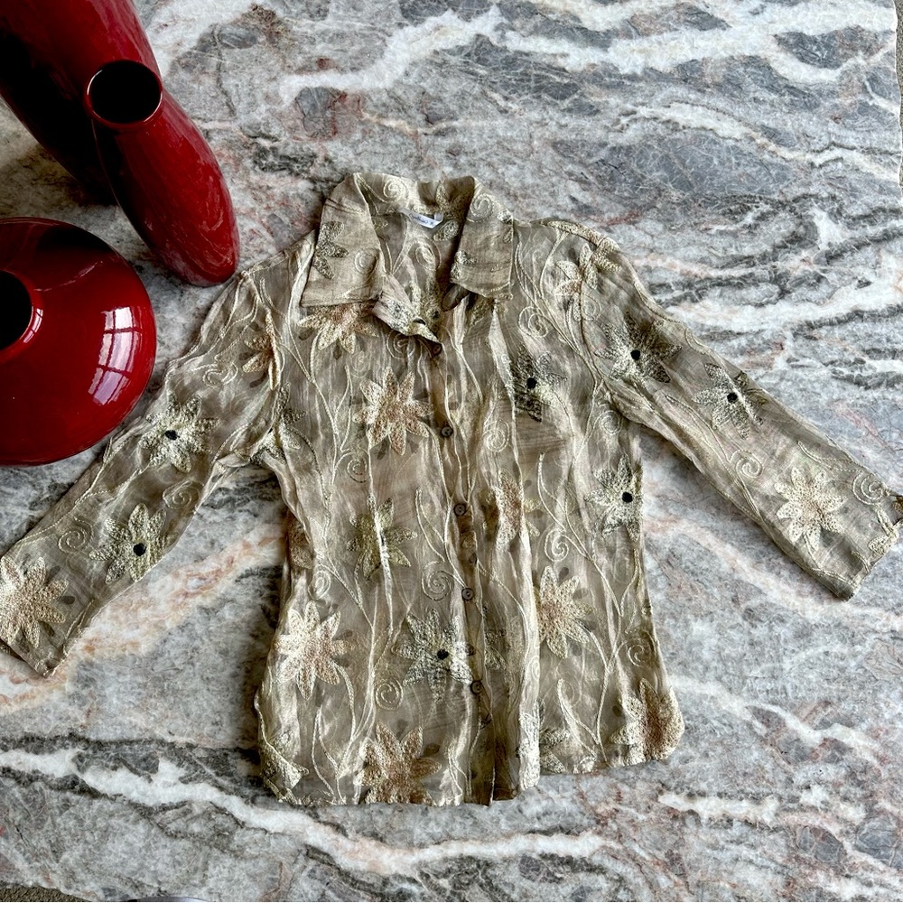 Cynthia Rowley Embroidery Sheer Organza Champagne Shirt, S
